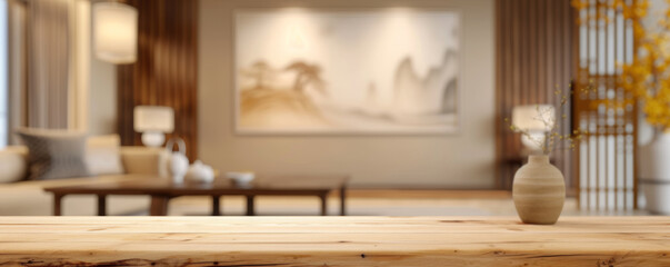 Fototapeta na wymiar Modern, Chinese-style, light wood-colored living room, blurred background, table in the foreground, free copy space