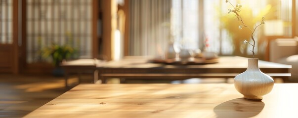 Modern, Chinese-style, light wood-colored living room, blurred background, table in the foreground, free copy space