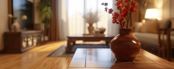 Modern, Chinese-style, light wood-colored living room, blurred background, table in the foreground, free copy space