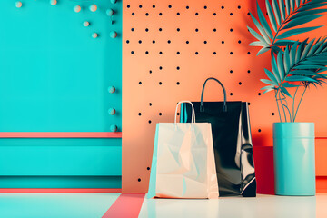 shopping fashion banner, two shopping bags against a colorful background.