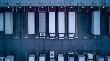 white delivery trucks at a warehouse, unloading, aerial wide view, industrial --ar 16:9 --style raw --stylize 250 --v 6 Job ID: 5054f047-4477-48e9-969d-01d24bc8a57e - obrazy, fototapety, plakaty