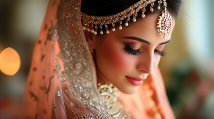 Beautiful Indian bride portrait with traditional Hindu jewelry on her wedding day.
