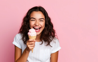 Summer portrait of happy young woman eating ice cream wearing sunglasses on pink background.