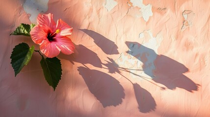 single hibiscus flower blooms vibrantly against a weathered concrete wall, its delicate petals contrasting with the rough texture