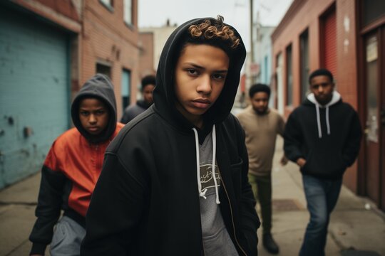 Teen gang juvenile delinquent kids on a city street