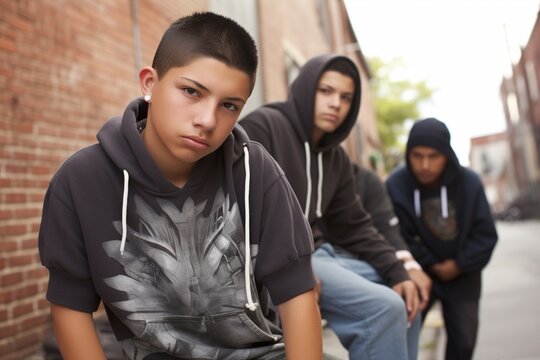 Teen gang juvenile delinquent kids on a city street
