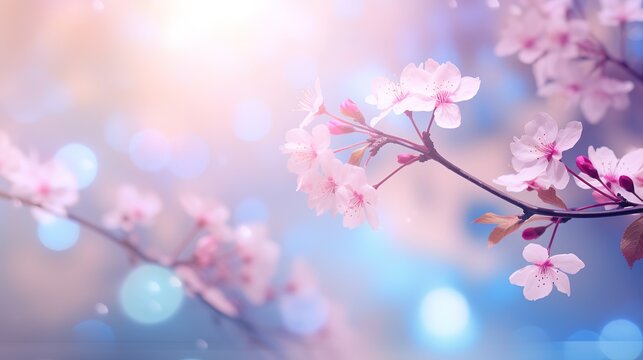 pink blue spring background with bokeh, generative, ai
