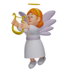 Obraz premium 3D illustration. Illustration of Cartoon 3D Angel character playing the harp. showing an expression of closing his eyes. use the wings on the back. 3D Cartoon Character