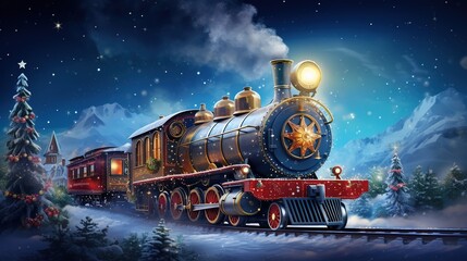 AI generated Christmas themed train traveling through a snowy winter landscape AI Generated