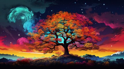 A tree with orange leaves and a star in the sky sunset background ai generated image