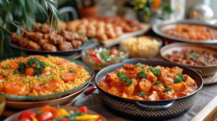 Obraz premium Multicultural plates of warm meals. Rice, chicken curry and salads. Buffet style setup.