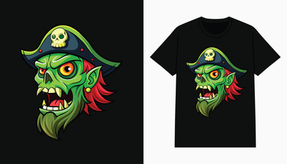 zombie skull t-shirt design. cartoon pirate zombie illustration for tee, apparel and clothing