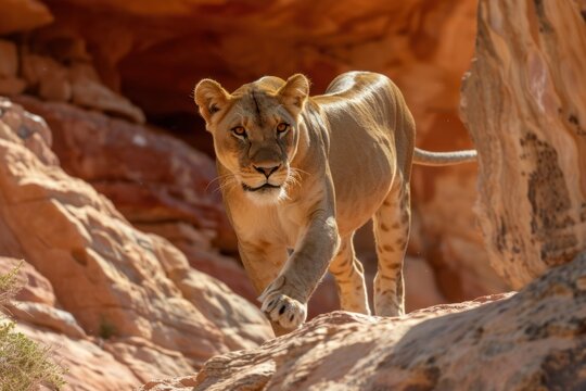Lioness gracefully traversing a rocky terrain