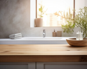 Fototapeta na wymiar Bright Bathroom Interior with White Bathtub and Wooden Accents