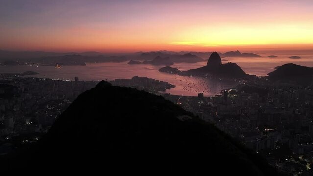 Dona Marta Viewpoint At Rio De Janeiro Brazil. Aerial Beach Beauty In Nature. Sunset Sky Background Downtown Cityscape. Sunset Outdoor Downtown Illumination Up Above.