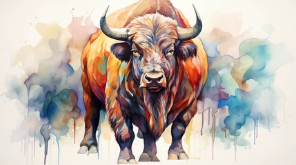 Poster Crâne aquarelle watercolor buffalo animal abstract background