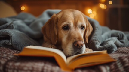 Old dog reading a book in bed. Concept for bed time story time. - obrazy, fototapety, plakaty