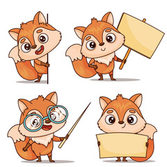 A cartoon fox, in various poses holding a sign. Its orange fur and expressive gestures add charm to the artwork. Vector