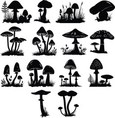 set of silhouettes of mushrooms