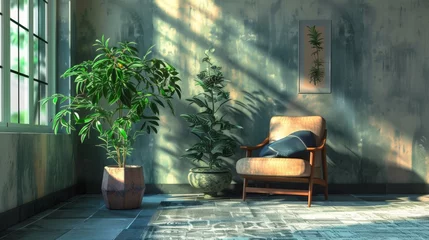 Tuinposter single weeping fig plant casts a dramatic shadow against a sun-drenched white wall, its cascading foliage creating a sense of movement and growth © Supardi