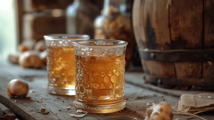Glasses of Russian fermented drink known as Kvas. - obrazy, fototapety, plakaty