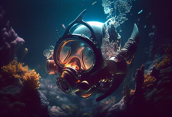 Underwater Creature diving in deep wearing Oxygen mask. Generative AI