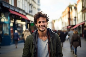 Portrait of a handsome young man smiling at the camera while walking through a busy street