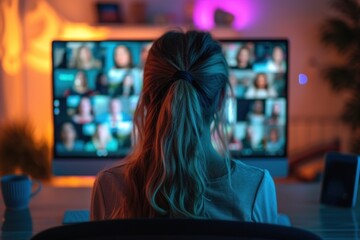 A woman is in front of a computer screen in an online meeting and many people's photo profiles are on the screen. App for video conferencing with diverse teams