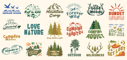 Vintage outdoor graphic set, nature lover quotes bundle. Nature clipart badge logo collection, Camping hiking design set. Outdoor t shirt designs bundle for print. Outdoor merchandise emblem design