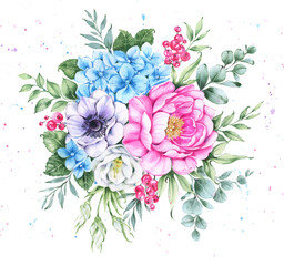 Watercolor illustration of a bouquet of garden flowers on a white background,