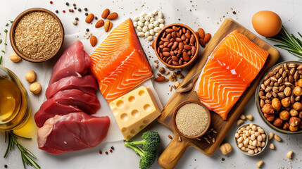 Selection of popular and healthy sources of proteins on white background. Including fish, red meat, nuts, cheese and legumes. - obrazy, fototapety, plakaty