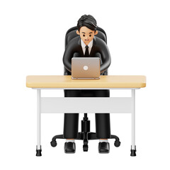 3D Character Businessman Sitting at The Desk and Working on Laptop