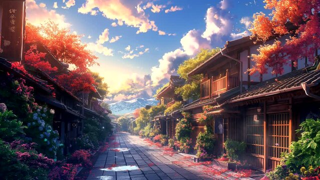 Spring sunrise with Japanese residential background. seamless looping 4k time-lapse animation video background