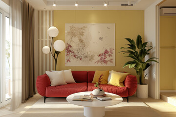 living room design with white furniture and red sofa