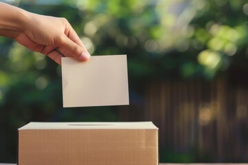 box with a designated slot is being filled with white cards. The box is made of cardboard and has a brown paper exterior