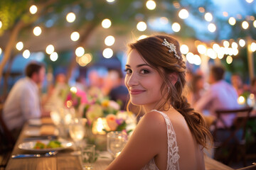 Obraz na płótnie Canvas A bride wearing a wedding dress at an outdoor reception
