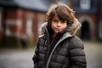 Portrait of a cute little boy in a winter jacket on the street