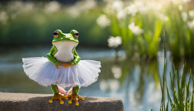 reen frog in a tutu skirt, against the backdrop of a pond 