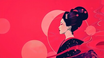 Silhouette of a Japanese woman against a pink background, showcasing minimalist design and Japanese aesthetics.
