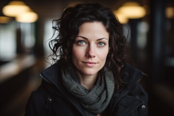 Fototapeta premium Portrait of a beautiful woman in a black jacket and scarf.
