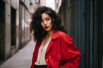 Portrait of a beautiful brunette girl in a red coat on the street.
