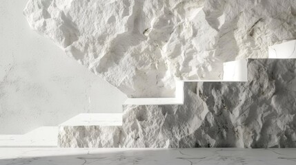 Abstract white stone podiums against a textured wall with natural light and shadow play for product display.