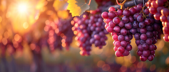 Close-up of purple grapes on a tree in golden sunlight with sparkling bokeh, space for copy.