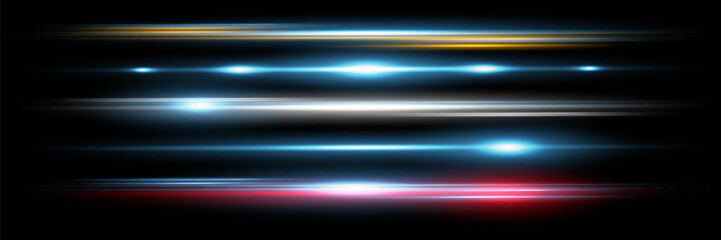 yellow horizontal lens flares pack. Laser beams, horizontal light rays. Beautiful light flares. Glowing streaks on dark background. Luminous abstract sparkling lined background.