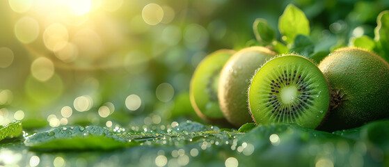Kiwi fruit in orchard with blurred background, empty space for copy.