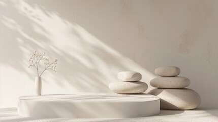 Abstract white stone podiums against a textured wall with natural light and shadow play for product display.
