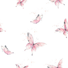 Seamless pattern with cute delicate watercolor butterflies