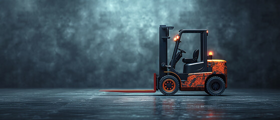 Old yellow forklift on a dark gray background. Empty warehouse concept.
