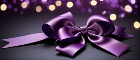 Dark purple satin ribbon bow on sparkling background.