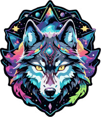 Wolf head interlaced with cosmic galaxies vibrant and dynamic die cut sticker design